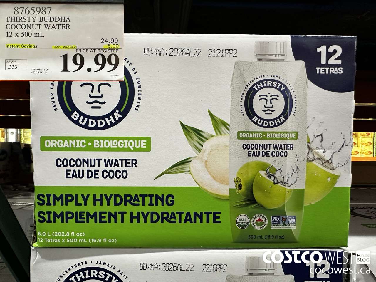 8765987 THIRSTY BUDDHA COCONUT WATER 12 X 500ML ($5.00 INSTANT SAVINGS EXPIRES ON 2025-08-24) $19.99