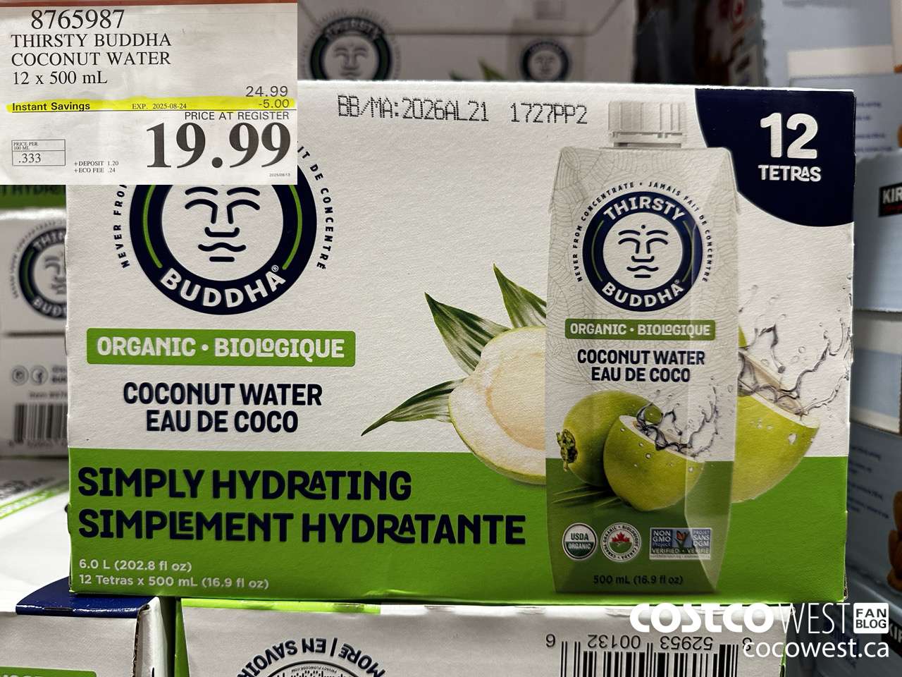 8765987 THIRSTY BUDDHA COCONUT WATER 12 X 500ML ($5.00 INSTANT SAVINGS EXPIRES ON 2025-08-24) $19.99