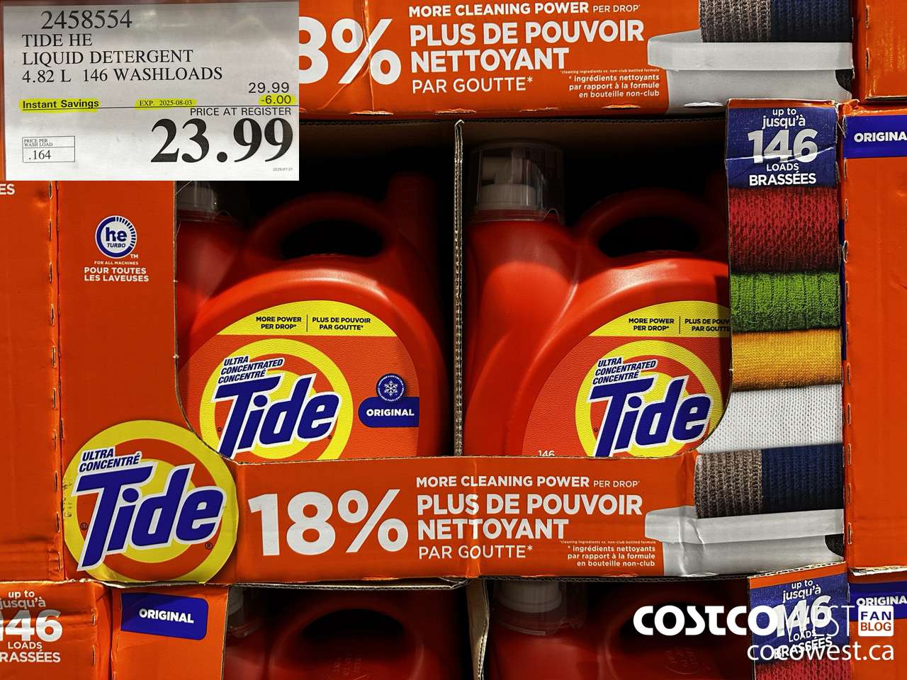 2458554 TIDE HE LIQUID DETERGENT 4.82 L 146 WASHLOADS ($6.00 INSTANT SAVINGS EXPIRES ON 2025-08-03) $23.99