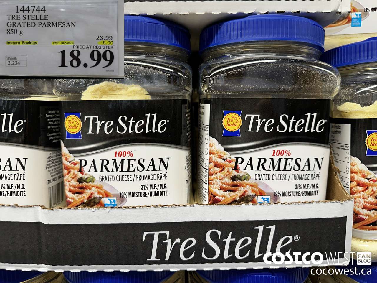 144744 TRE STELLE GRATED PARMESAN 850 g ($5.00 INSTANT SAVINGS EXPIRES ON 2025-08-10) $18.99