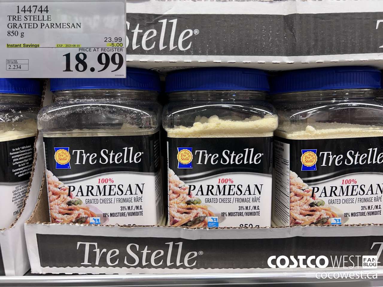 144744 TRE STELLE GRATED PARMESAN 850 g ($5.00 INSTANT SAVINGS EXPIRES ON 2025-08-10) $18.99