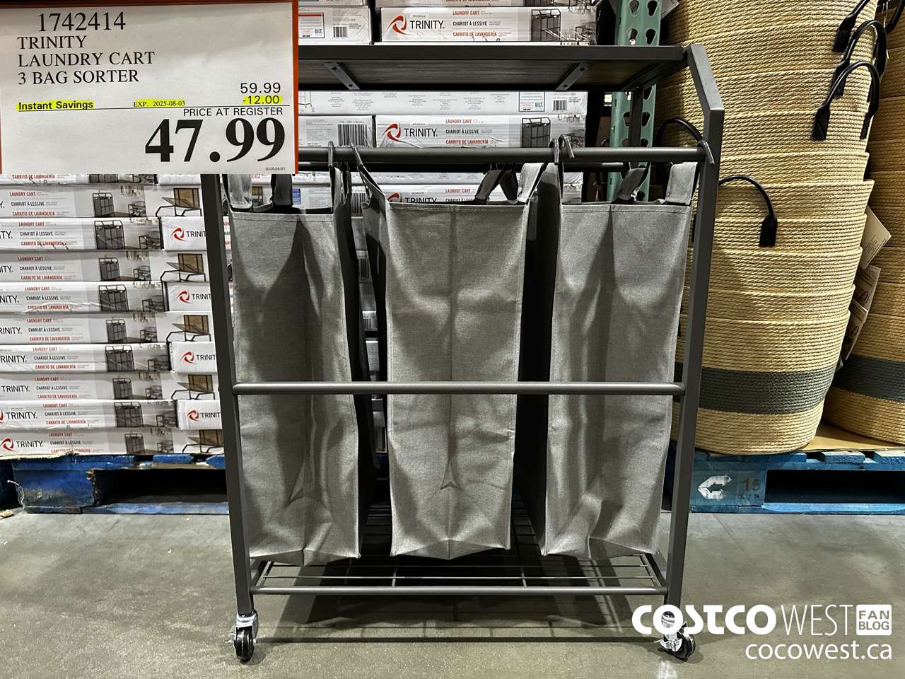 1742414 TRINITY LAUNDRY CART 3 BAG SORTER ($12.00 INSTANT SAVINGS EXPIRES ON 2025-08-03) $47.99