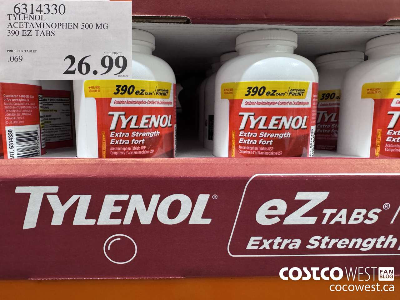 6314330 TYLENOL ACETAMINOPHEN 500MG 390 EZ TABS $26.99