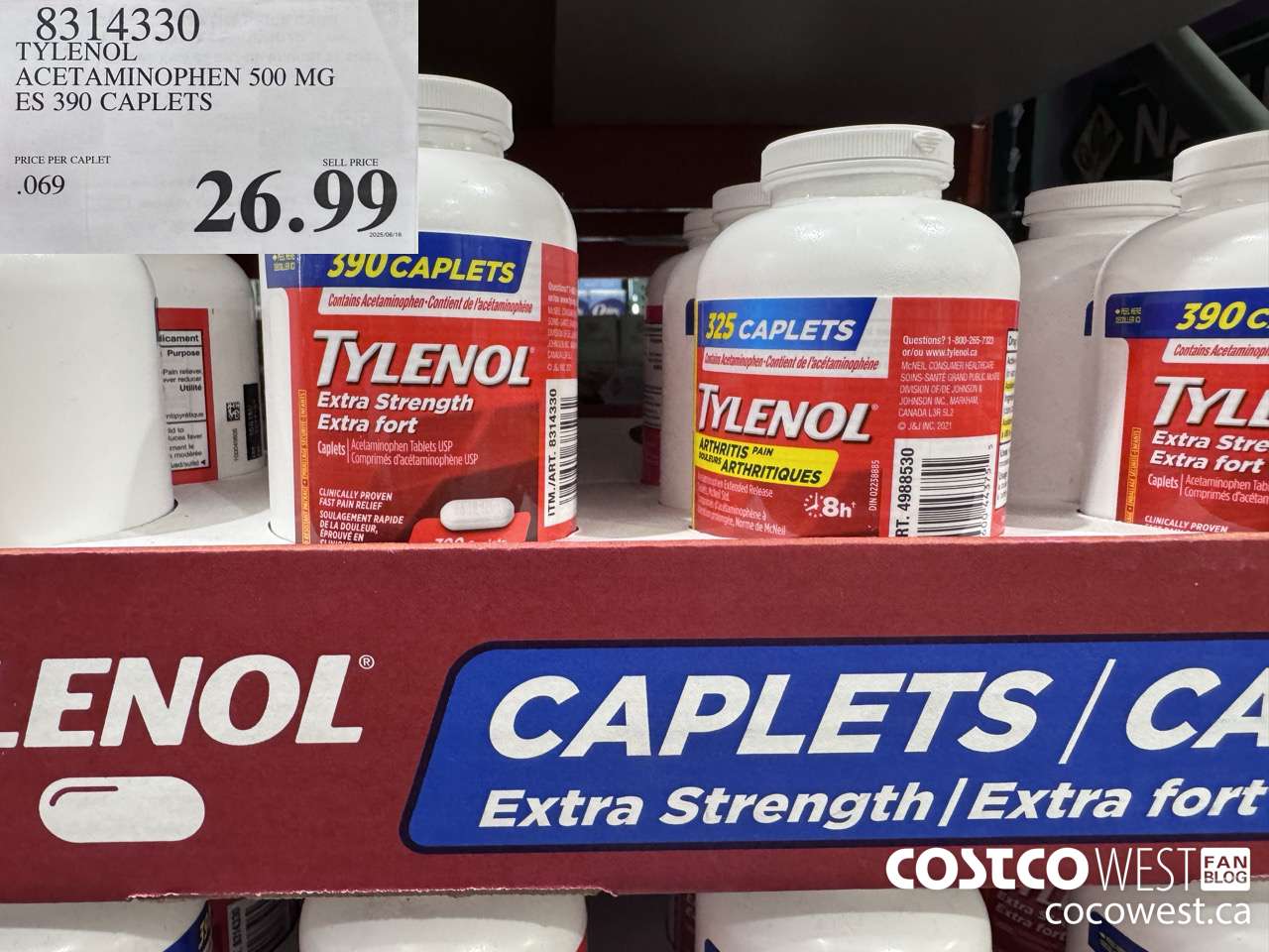 8314330 TYLENOL ACETAMINOPHEN 500MG ES 390 CAPLETS $26.99