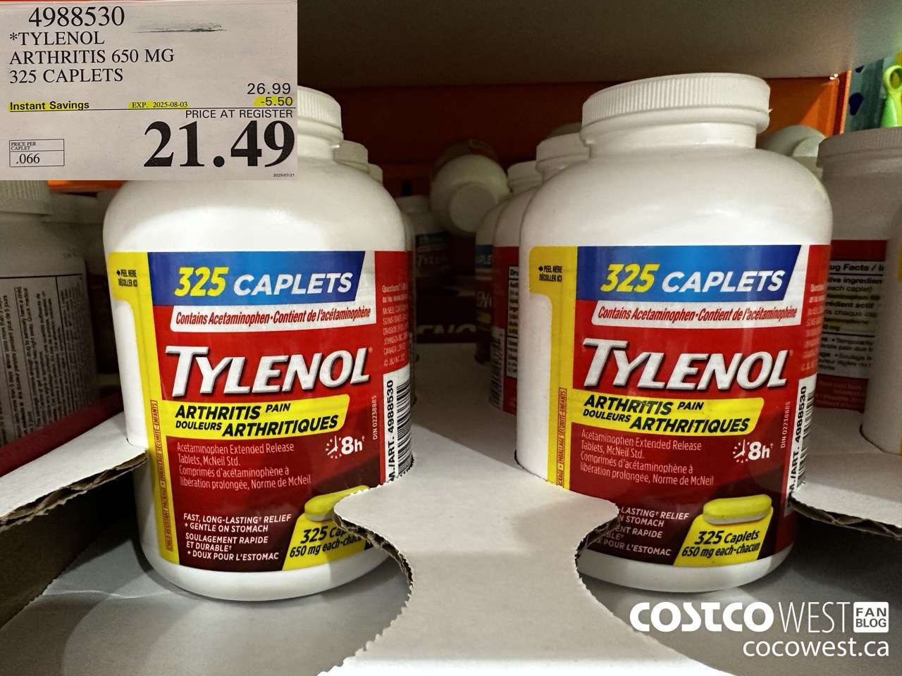 4988530 TYLENOL ARTHRITIS 650MG 325 CAPLETS ($5.50 INSTANT SAVINGS EXPIRES ON 2025-08-03) $21.49