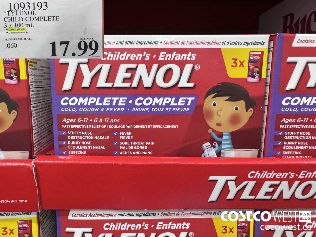 1093193 TYLENOL CHILD COMPLETE 3 X 100 ML $17.99
