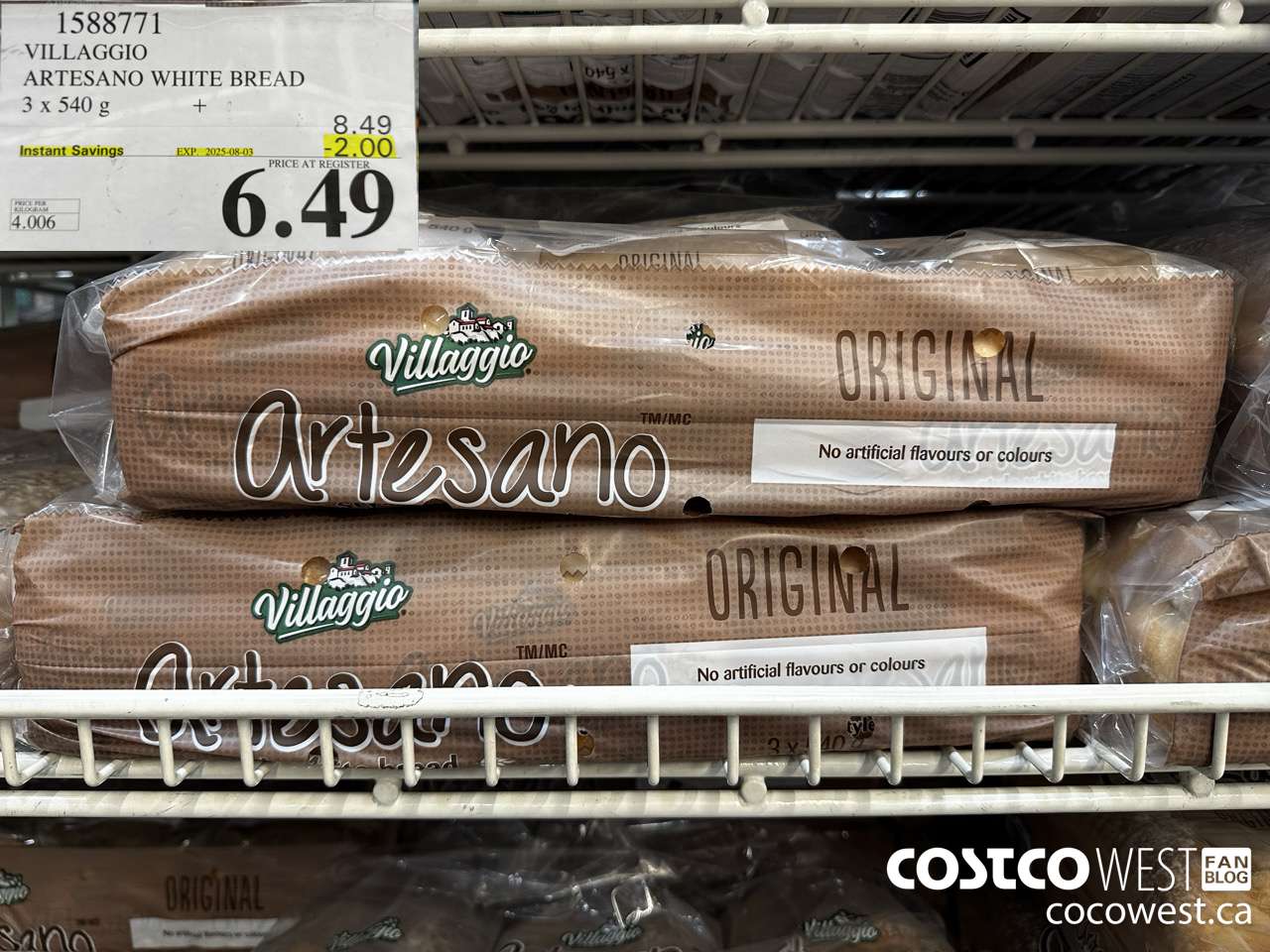 1588771 VILLAGGIO ARTESANO WHITE BREAD 3 X 540G ($2.00 INSTANT SAVINGS EXPIRES ON 2025-08-03) $6.49