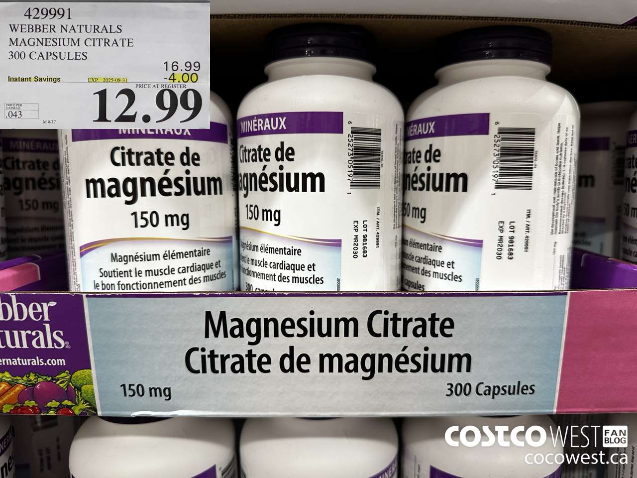 429991 WEBBER NATURALS MAGNESIUM CITRATE 300 CAPSULES ($4.00 INSTANT SAVINGS EXPIRES ON 2025-08-31) $12.99