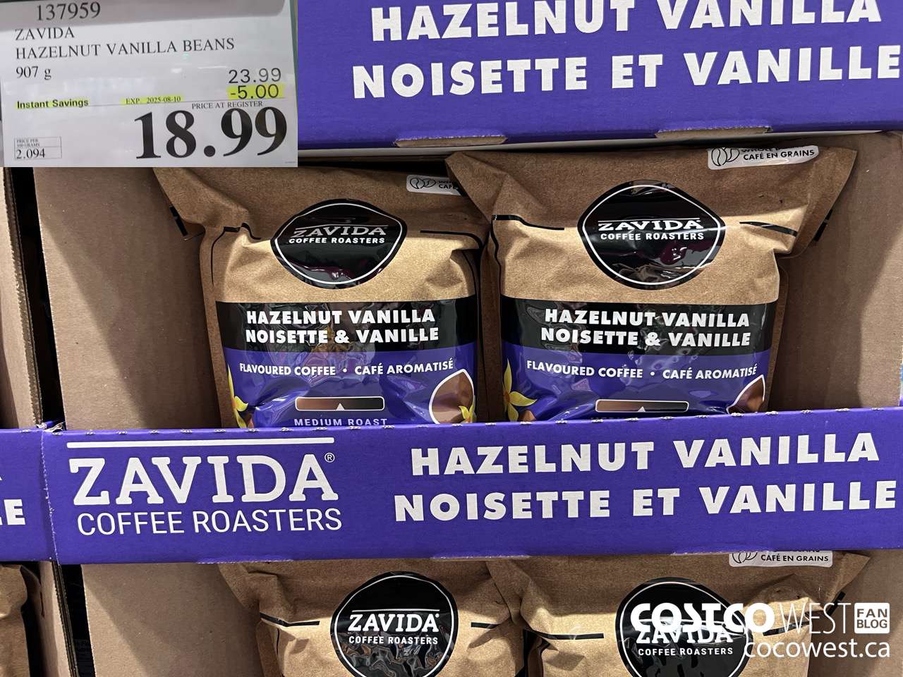 137959 ZAVIDA HAZELNUT VANILLA BEANS 907 g ($5.00 INSTANT SAVINGS EXPIRES ON 2025-08-10) $18.99