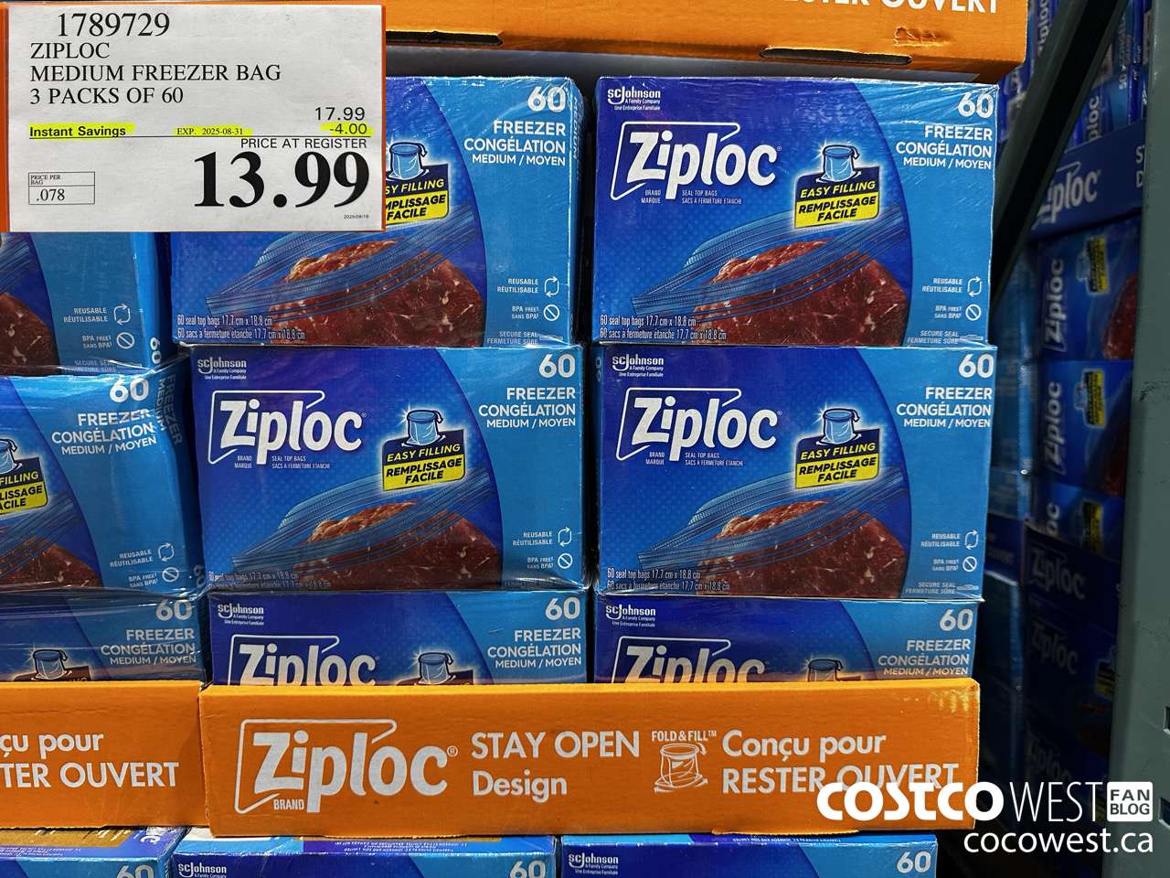1789729 ZIPLOC MEDIUM FREEZER BAG 3 x 60 ($4.00 INSTANT SAVINGS EXPIRES ON 2025-08-31) $13.99