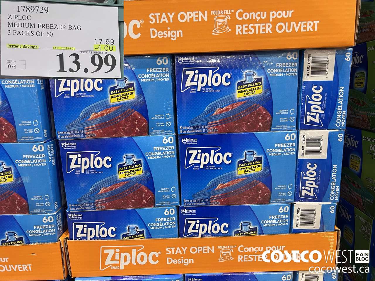1789729 ZIPLOC MEDIUM FREEZER BAG 3 x 60 ($4.00 INSTANT SAVINGS EXPIRES ON 2025-08-31) $13.99