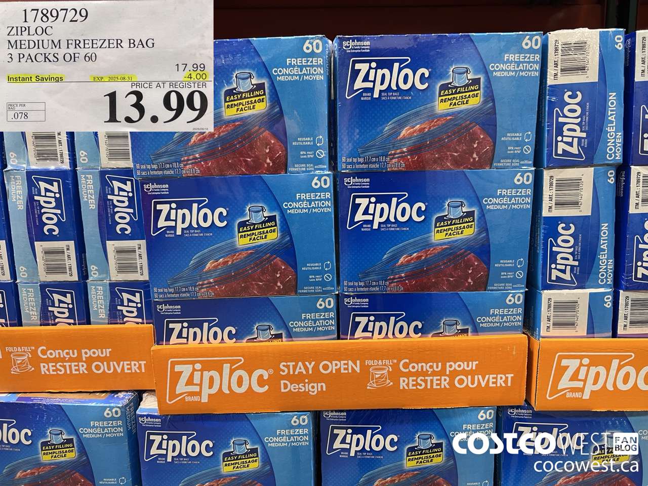 1789729 ZIPLOC MEDIUM FREEZER BAG 3 x 60 ($4.00 INSTANT SAVINGS EXPIRES ON 2025-08-31) $13.99