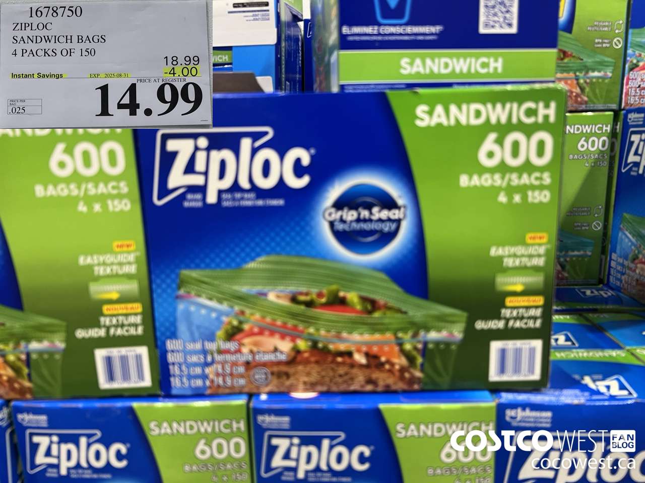 1678750 ZIPLOC SANDWICH BAGS 4 X 150 ($4.00 INSTANT SAVINGS EXPIRES ON 2025-08-31) $14.99