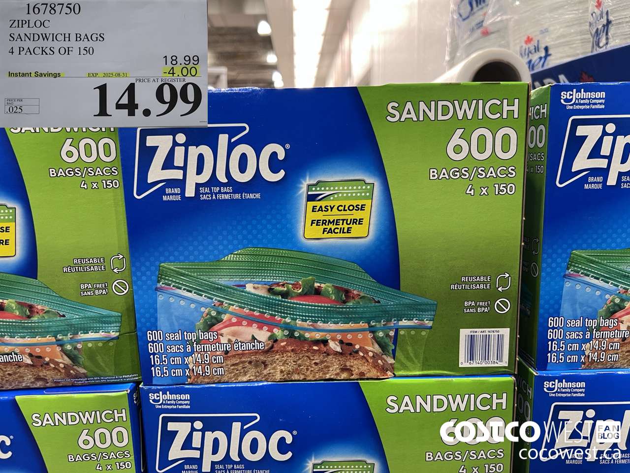 1678750 ZIPLOC SANDWICH BAGS 4 X 150 ($4.00 INSTANT SAVINGS EXPIRES ON 2025-08-31) $14.99