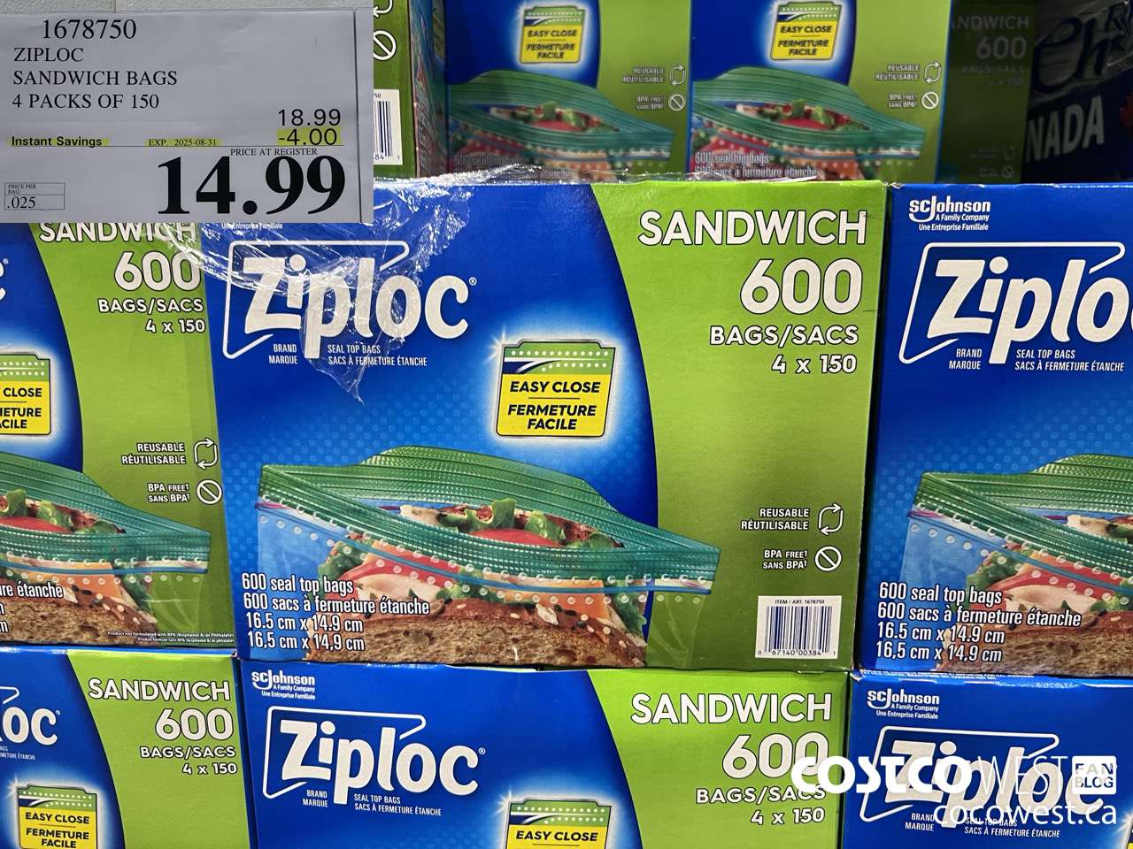 1678750 ZIPLOC SANDWICH BAGS 4 X 150 ($4.00 INSTANT SAVINGS EXPIRES ON 2025-08-31) $14.99