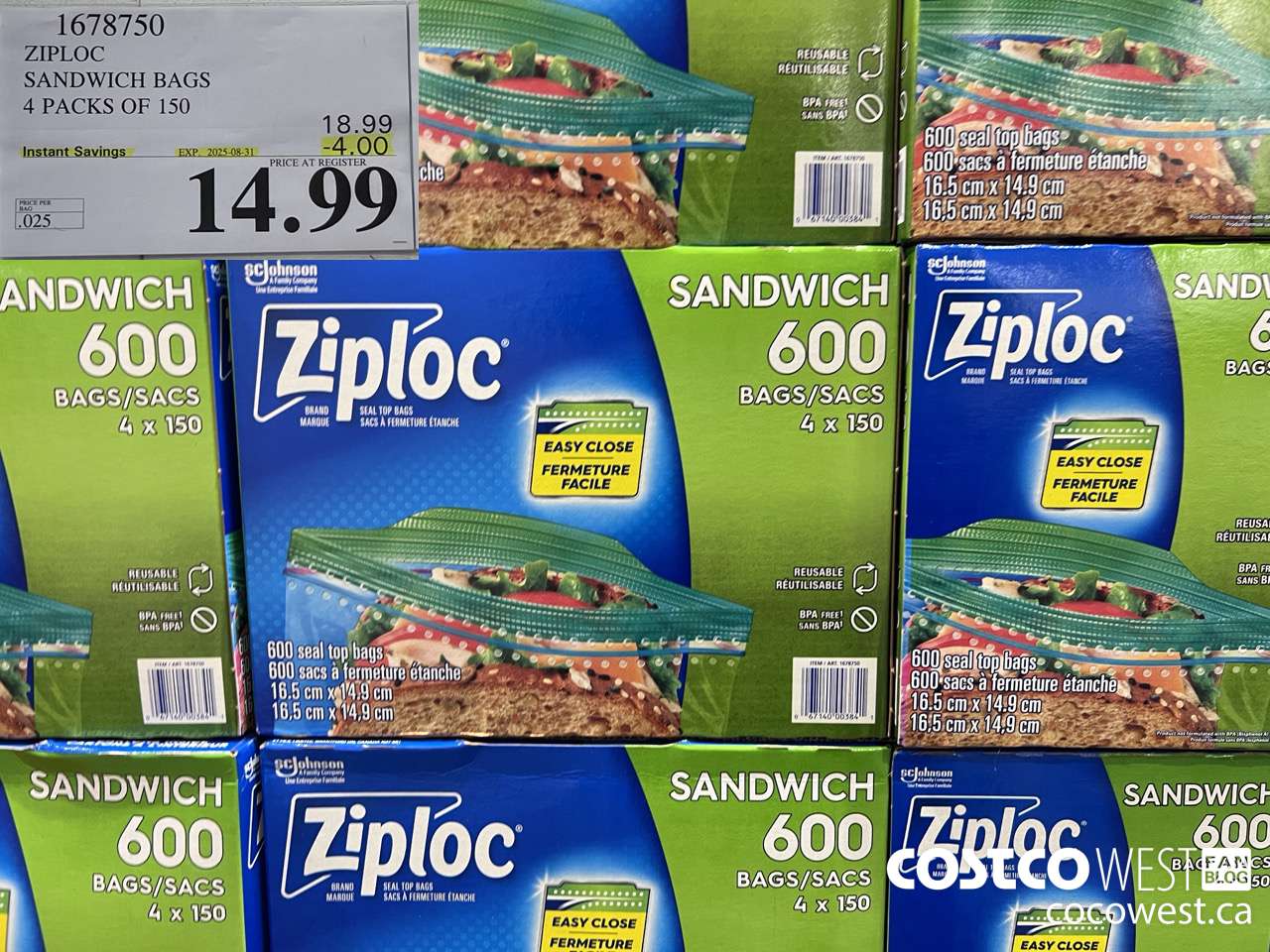 1678750 ZIPLOC SANDWICH BAGS 4 X 150 ($4.00 INSTANT SAVINGS EXPIRES ON 2025-08-31) $14.99