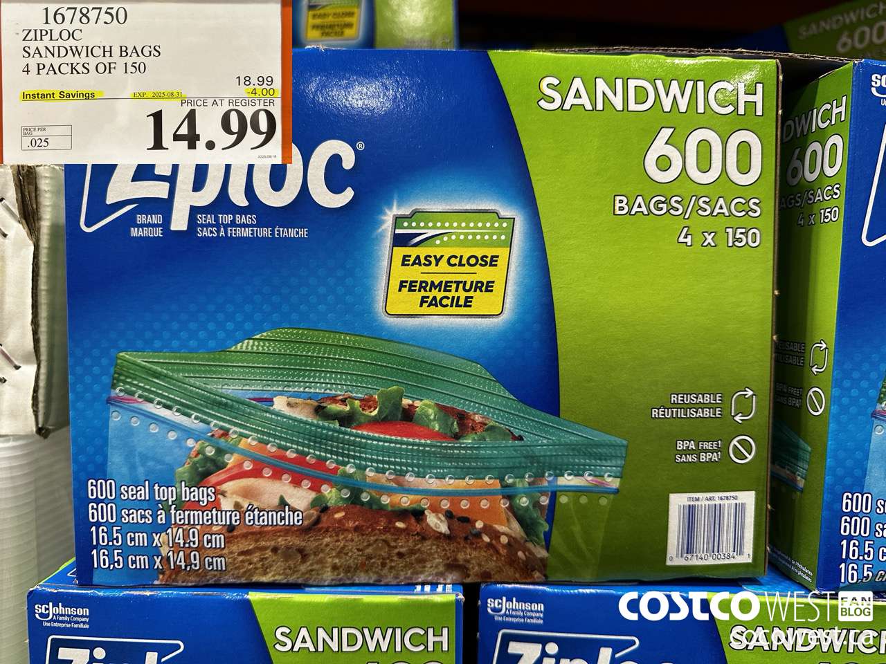 1678750 ZIPLOC SANDWICH BAGS 4 X 150 ($4.00 INSTANT SAVINGS EXPIRES ON 2025-08-31) $14.99