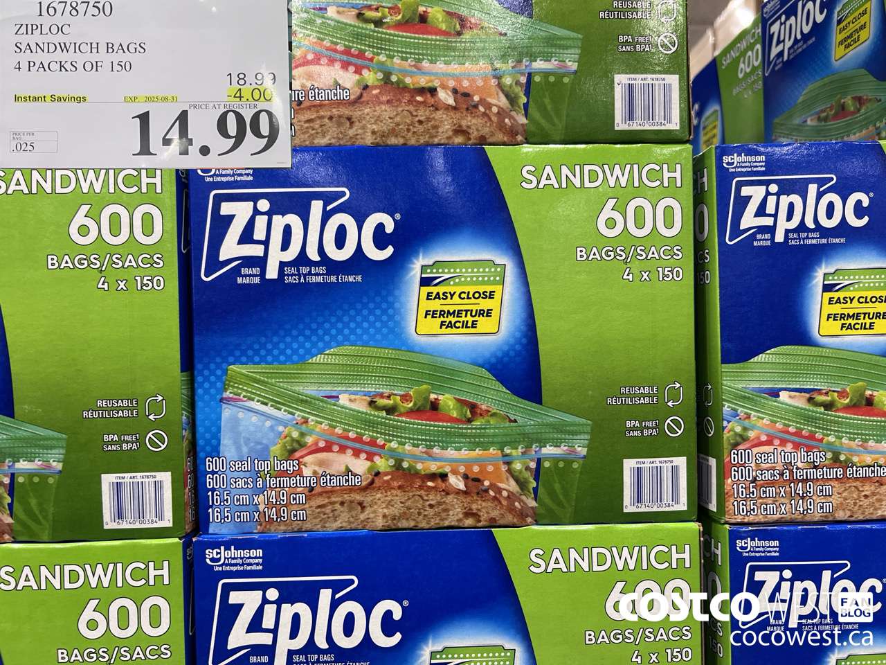 1678750 ZIPLOC SANDWICH BAGS 4 X 150 ($4.00 INSTANT SAVINGS EXPIRES ON 2025-08-31) $14.99