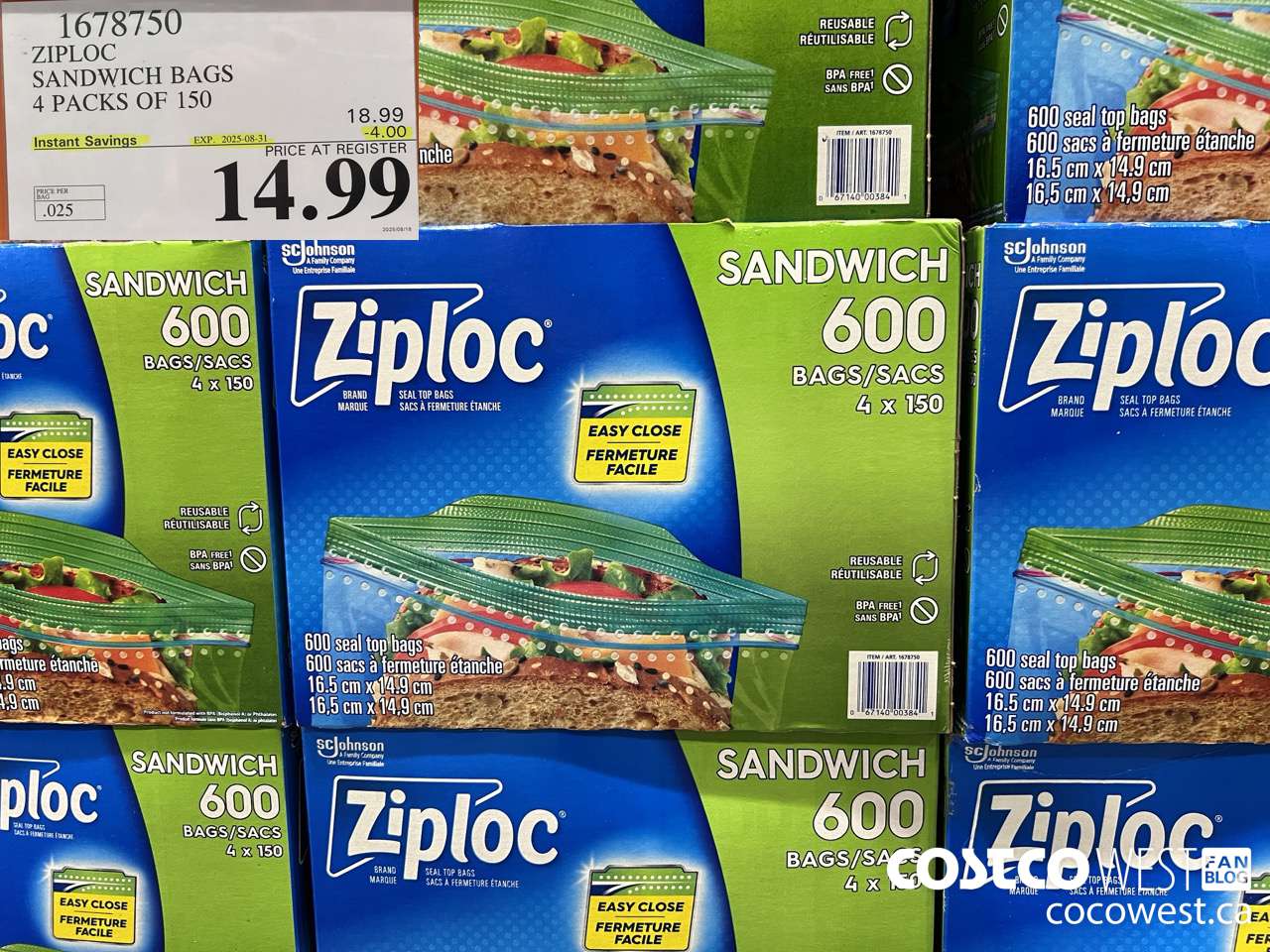 1678750 ZIPLOC SANDWICH BAGS 4 X 150 ($4.00 INSTANT SAVINGS EXPIRES ON 2025-08-31) $14.99