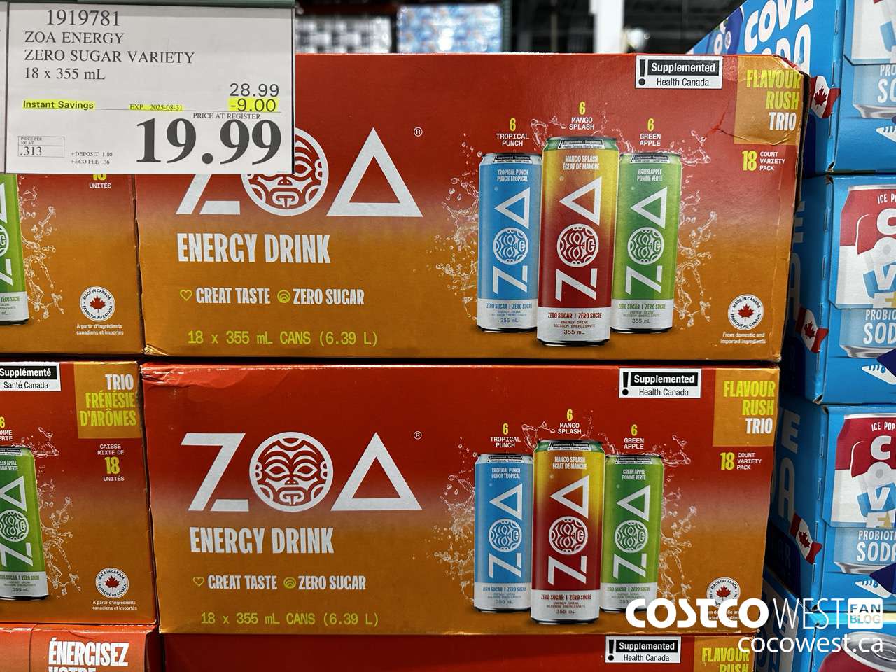1919781 ZOA ENERGY ZERO SUGAR VARIETY 18 X 355ML ($9.00 INSTANT SAVINGS EXPIRES ON 2025-08-31) $19.99