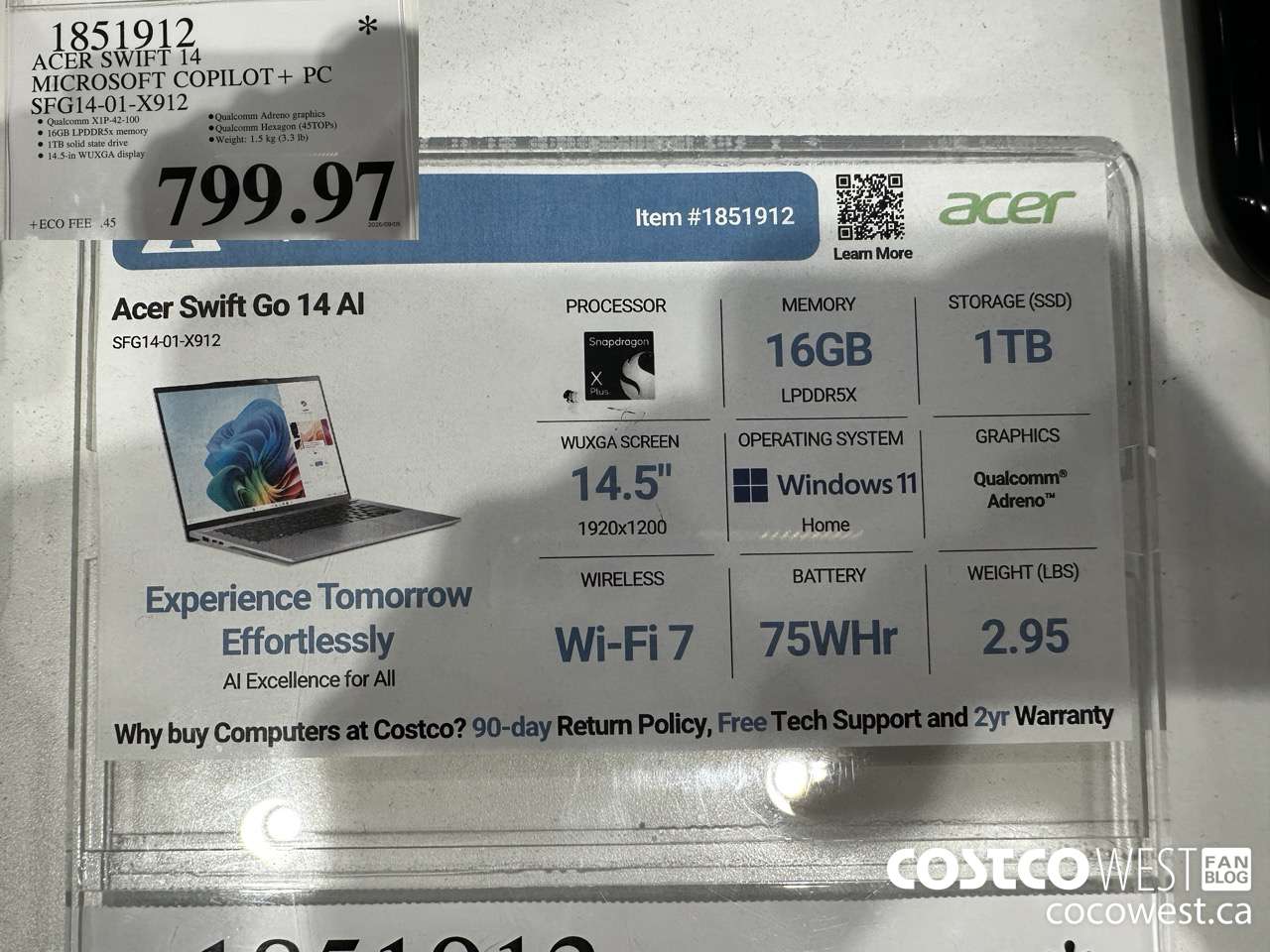 1851912 ACER SWIFT 14 MICROSOFT COPILOT + PC SFG14-01-X912 $799.97