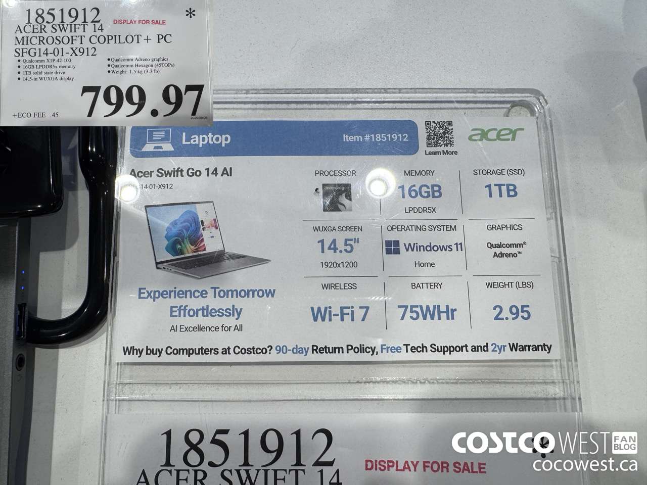 1851912 ACER SWIFT 14 MICROSOFT COPILOT + PC SFG14-01-X912 $799.97