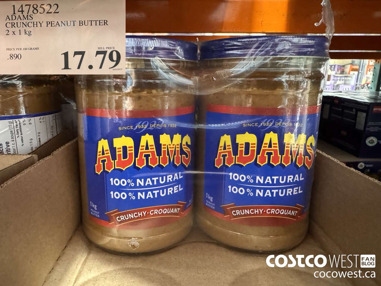 1478522 ADAMS CRUNCHY PEANUT BUTTER 2 X 1 KG $17.79