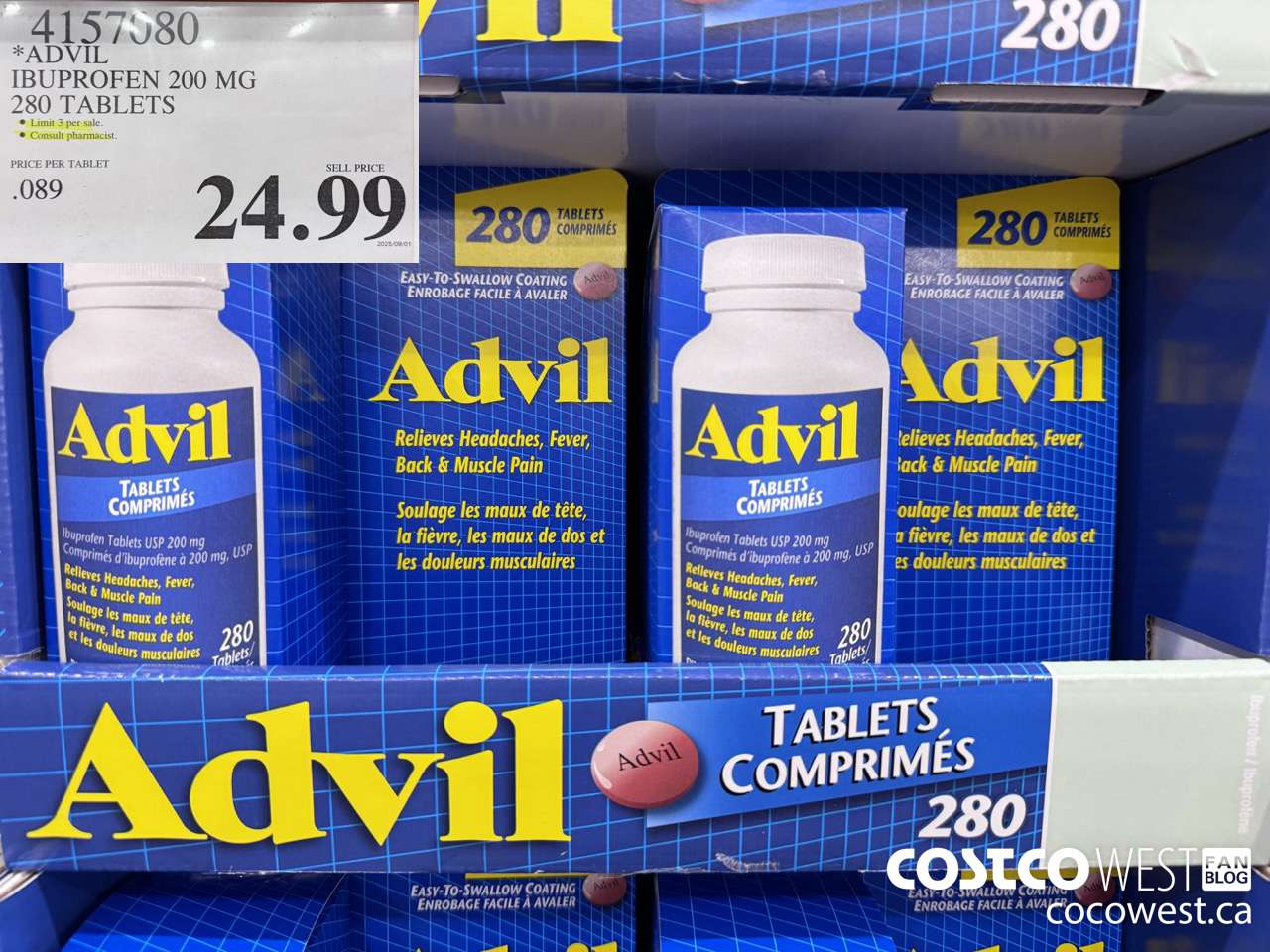 4157080 ADVIL 280 TABLETS IBUPROFEN 200MG $24.99