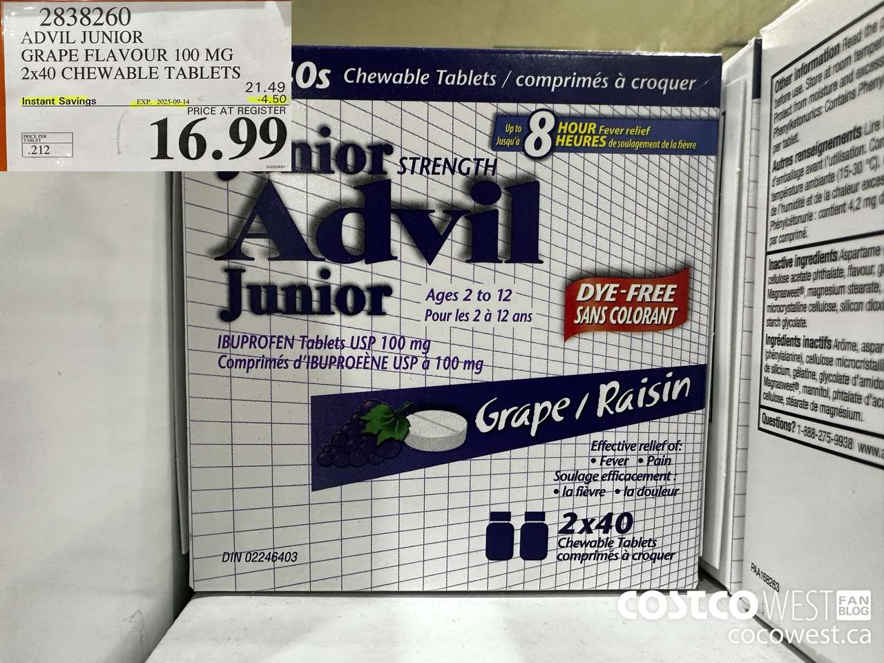 2838260 ADVIL CHEWABLE TABLET GRAPE FLAVOUR 100 MG 2 X 40'S CHEWABLE TABS ($4.50 INSTANT SAVINGS EXPIRES ON 2025-09-14) $16.99