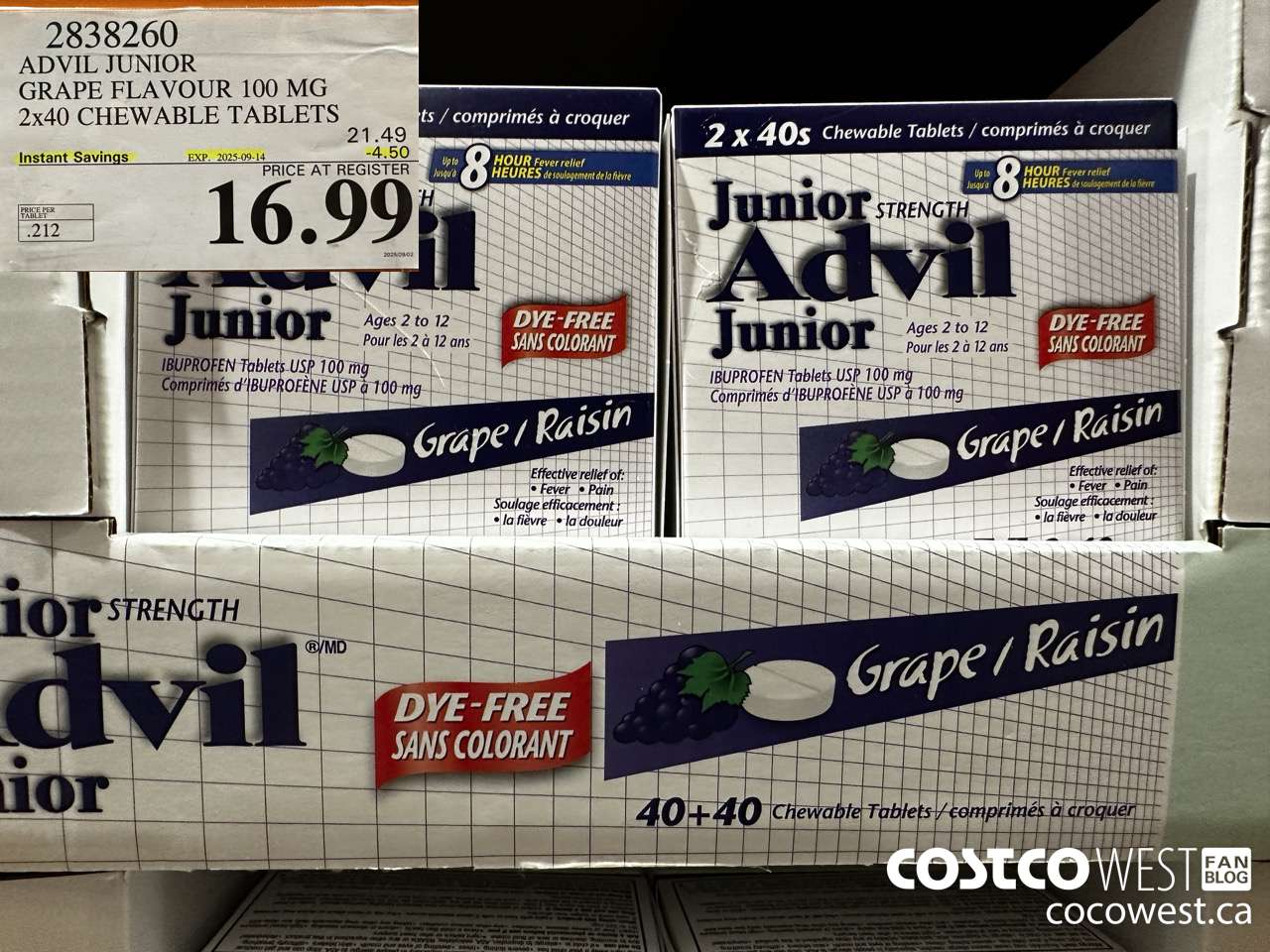 2838260 ADVIL CHEWABLE TABLET GRAPE FLAVOUR 100 MG 2 X 40'S CHEWABLE TABS ($4.50 INSTANT SAVINGS EXPIRES ON 2025-09-14) $16.99