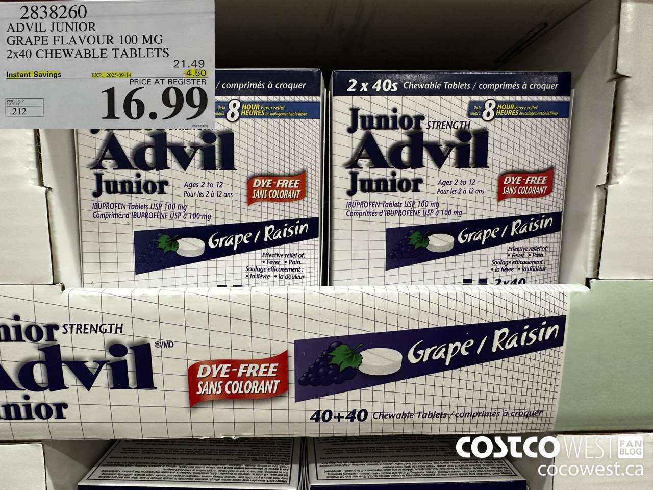 2838260 ADVIL CHEWABLE TABLET GRAPE FLAVOUR 100 MG 2 X 40'S CHEWABLE TABS ($4.50 INSTANT SAVINGS EXPIRES ON 2025-09-14) $16.99