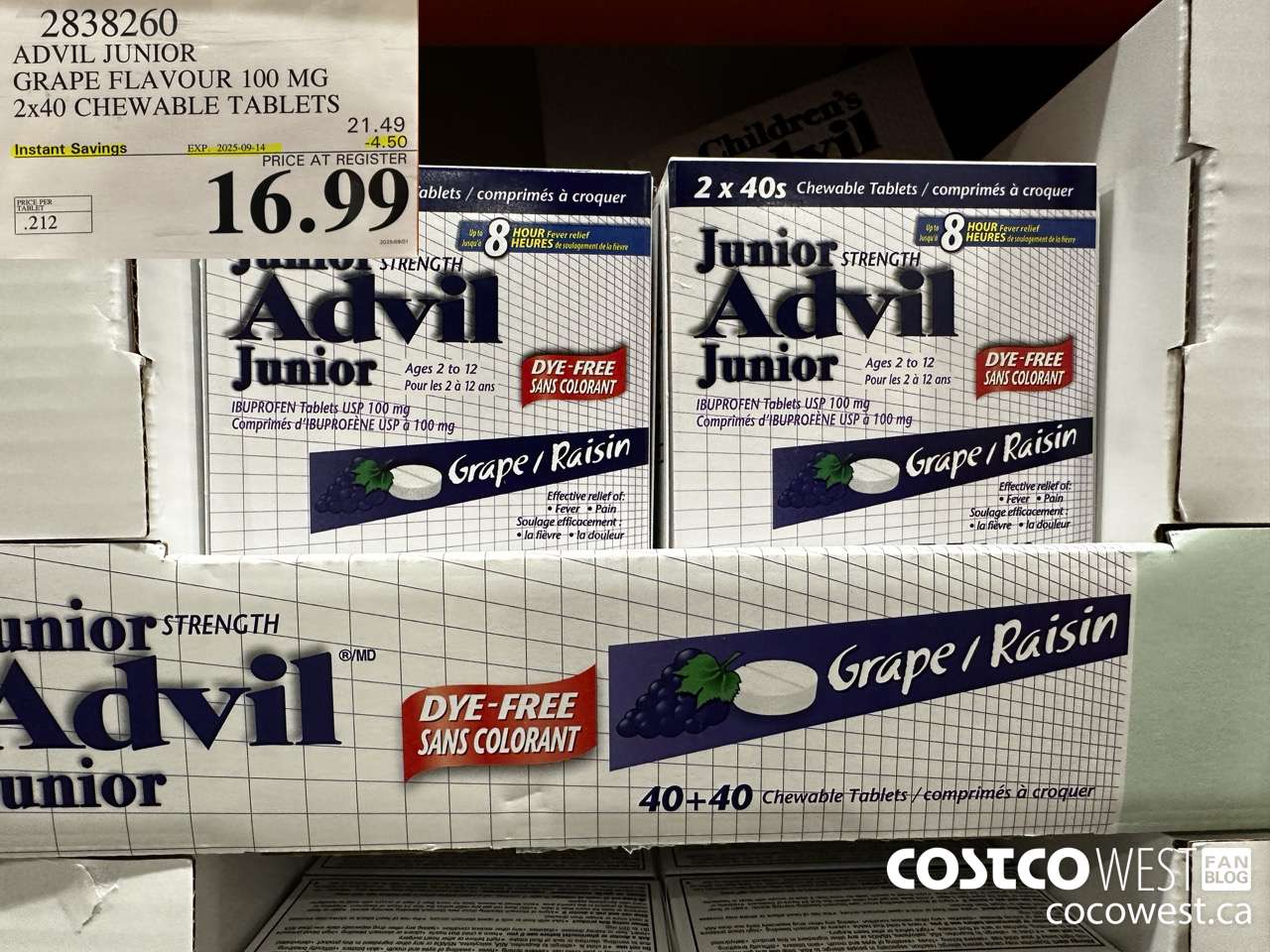 2838260 ADVIL CHEWABLE TABLET GRAPE FLAVOUR 100 MG 2 X 40'S CHEWABLE TABS ($4.50 INSTANT SAVINGS EXPIRES ON 2025-09-14) $16.99