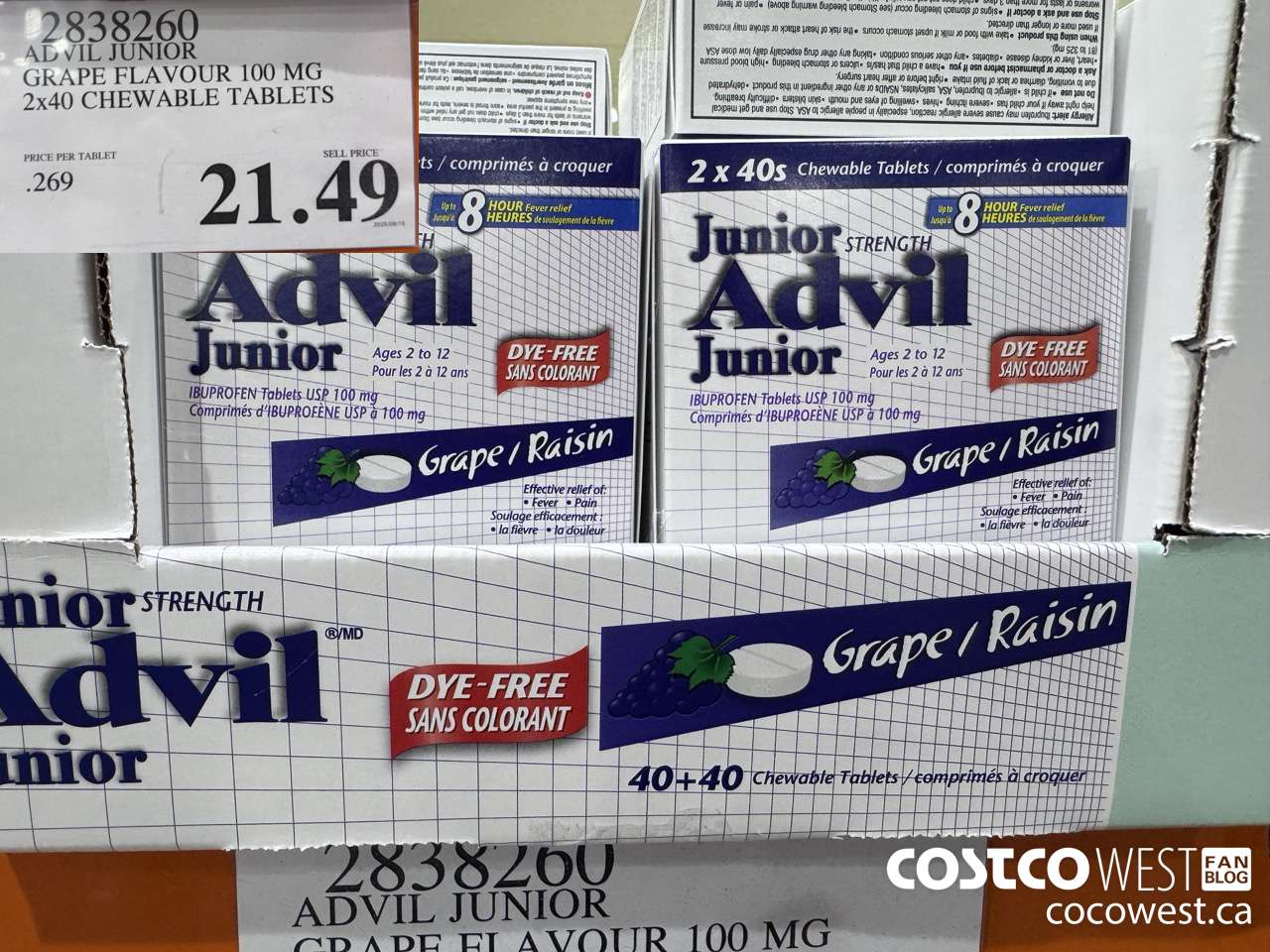 2838260 ADVIL CHEWABLE TABLET GRAPE FLAVOUR 100 MG 2 X 40'S CHEWABLE TABS $21.49