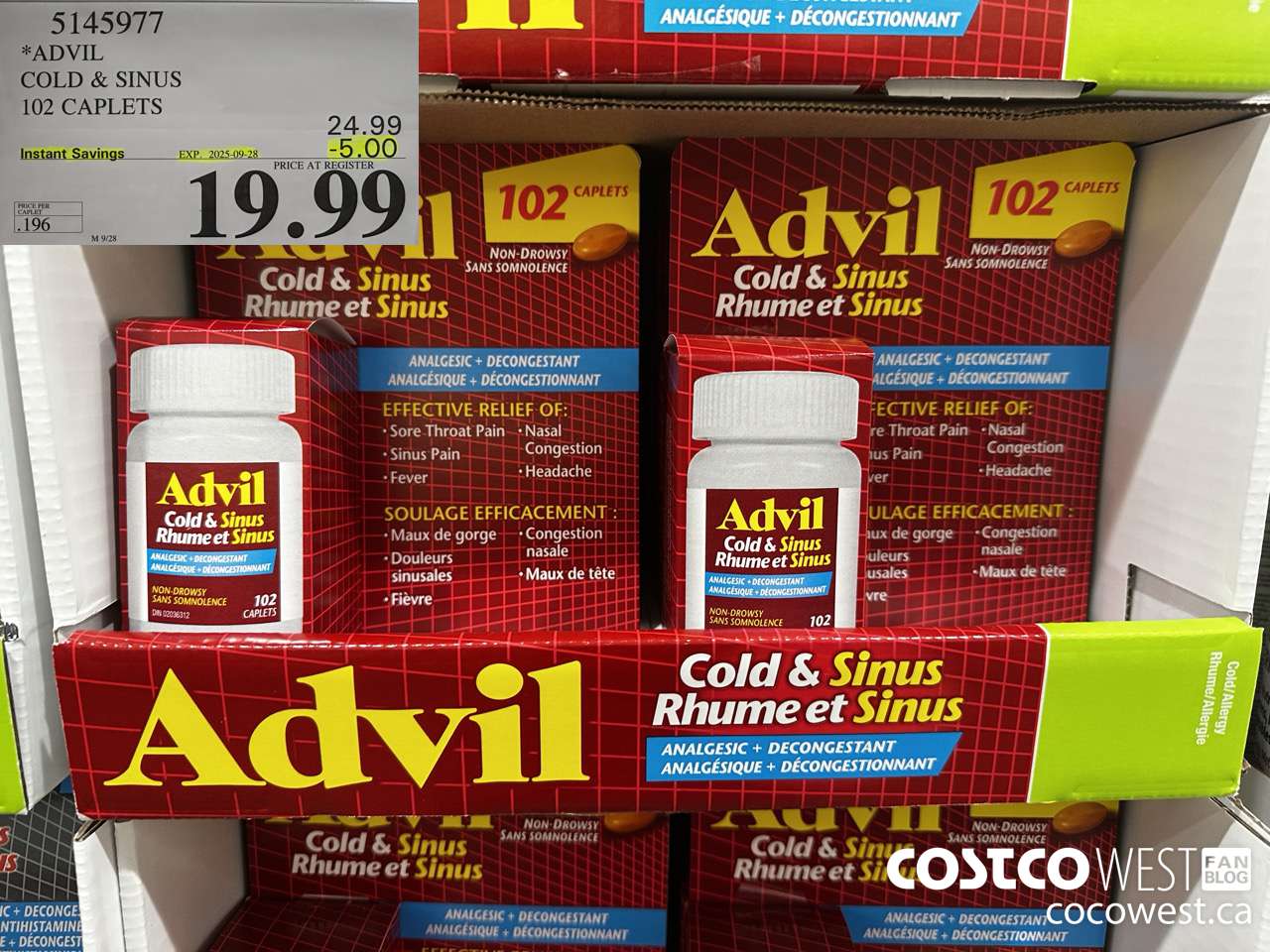 5145977 ADVIL COLD & SINUS 102 CAPLETS ($5.00 INSTANT SAVINGS EXPIRES ON 2025-09-28) $19.99