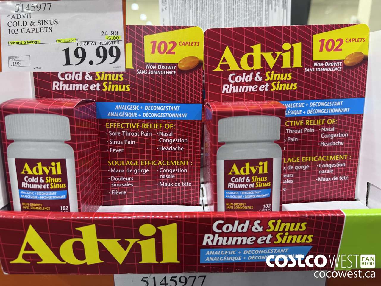 5145977 ADVIL COLD & SINUS 102 CAPLETS ($5.00 INSTANT SAVINGS EXPIRES ON 2025-09-28) $19.99