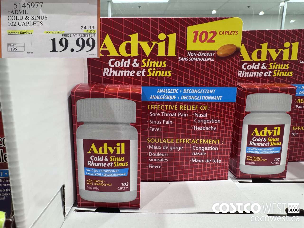 5145977 ADVIL COLD & SINUS 102 CAPLETS ($5.00 INSTANT SAVINGS EXPIRES ON 2025-09-28) $19.99