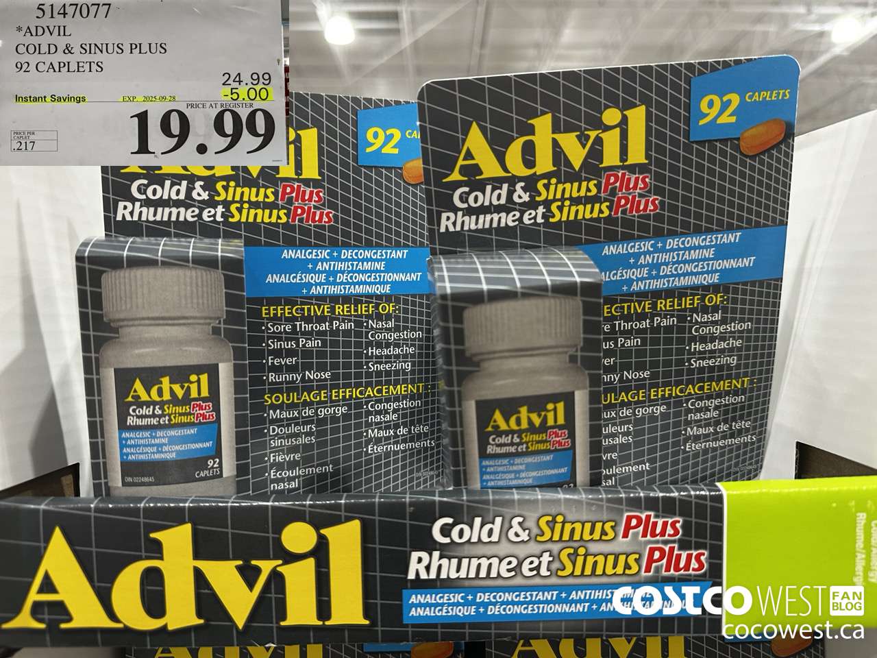 5147077 ADVIL COLD & SINUS PLUS 92 CAPLETS ($5.00 INSTANT SAVINGS EXPIRES ON 2025-09-28) $19.99