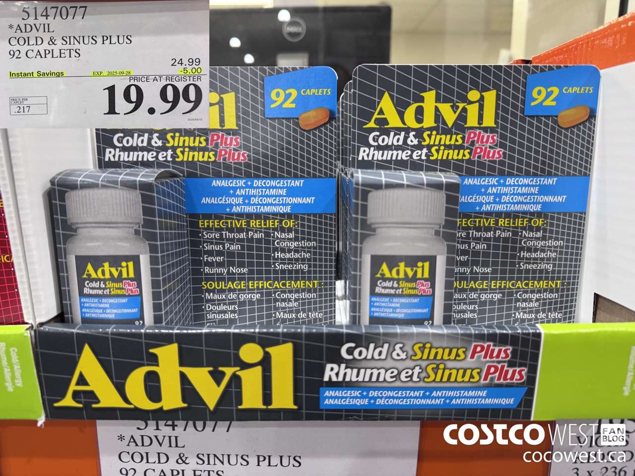 5147077 ADVIL COLD & SINUS PLUS 92 CAPLETS ($5.00 INSTANT SAVINGS EXPIRES ON 2025-09-28) $19.99