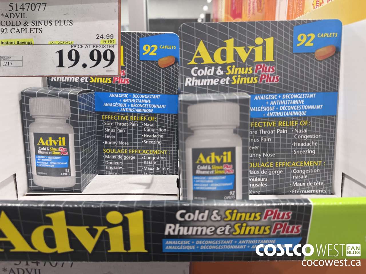 5147077 ADVIL COLD & SINUS PLUS 92 CAPLETS ($5.00 INSTANT SAVINGS EXPIRES ON 2025-09-28) $19.99
