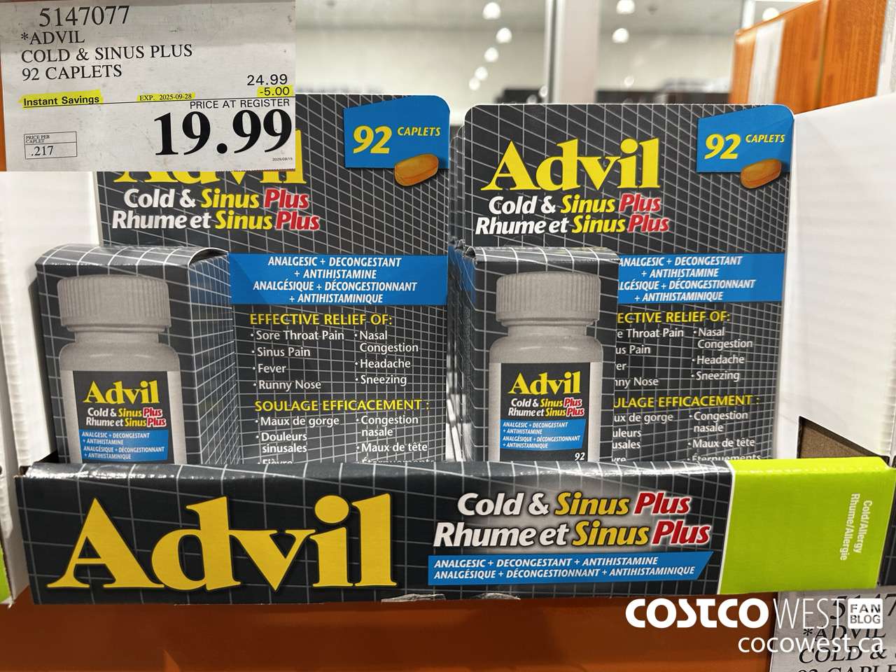 5147077 ADVIL COLD & SINUS PLUS 92 CAPLETS ($5.00 INSTANT SAVINGS EXPIRES ON 2025-09-28) $19.99