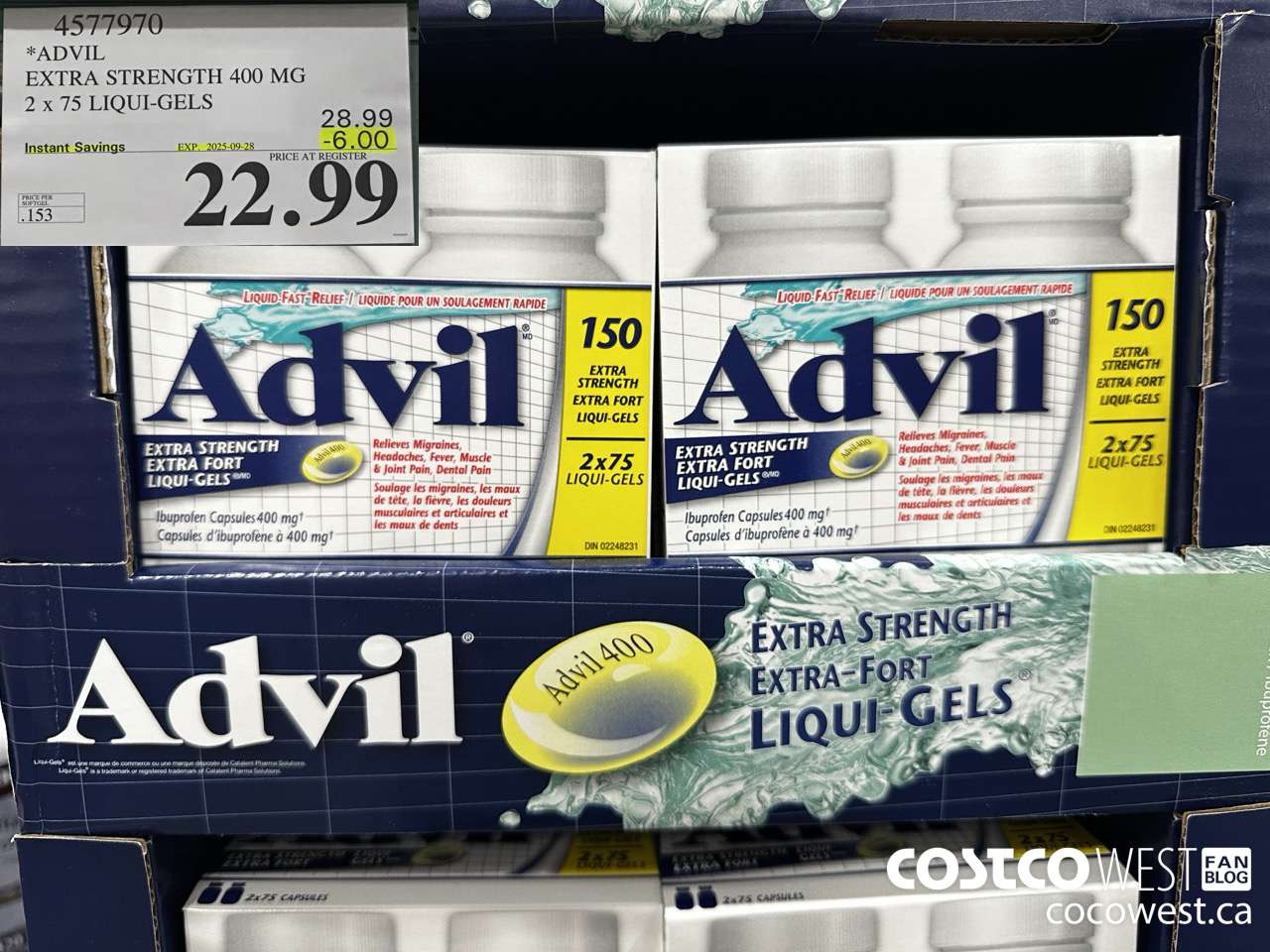 4577970 ADVIL EXTRA STRENGTH 400MG 2 X 75 LIQUI-GELS ($6.00 INSTANT SAVINGS EXPIRES ON 2025-09-28) $22.99