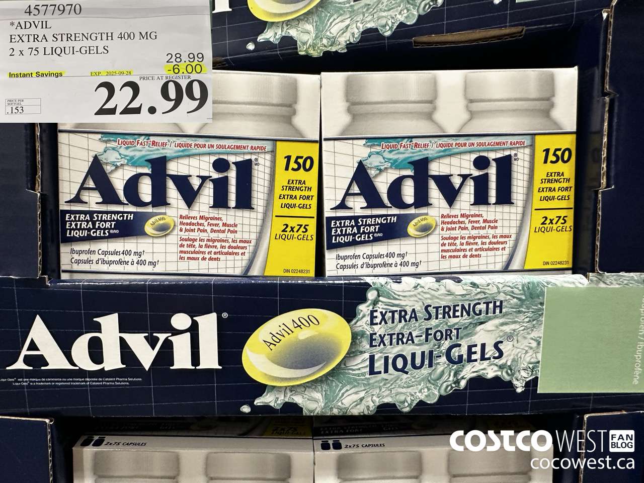 4577970 ADVIL EXTRA STRENGTH 400MG 2 X 75 LIQUI-GELS ($6.00 INSTANT SAVINGS EXPIRES ON 2025-09-28) $22.99