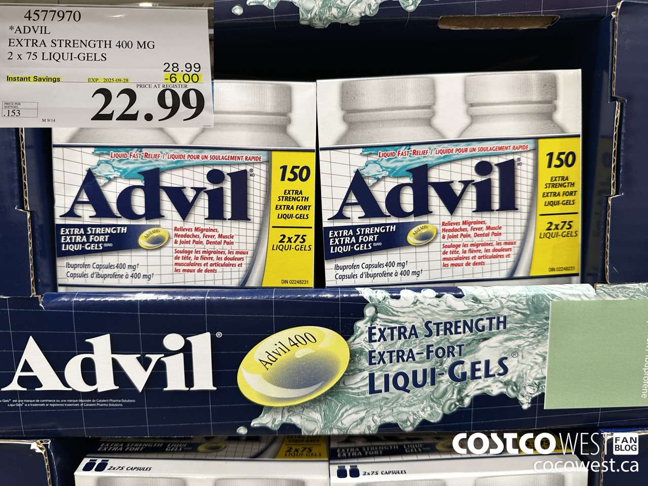 4577970 ADVIL EXTRA STRENGTH 400MG 2 X 75 LIQUI-GELS ($6.00 INSTANT SAVINGS EXPIRES ON 2025-09-28) $22.99