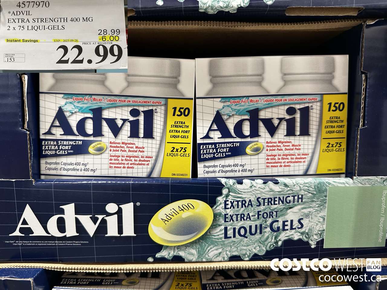 4577970 ADVIL EXTRA STRENGTH 400MG 2 X 75 LIQUI-GELS ($6.00 INSTANT SAVINGS EXPIRES ON 2025-09-28) $22.99