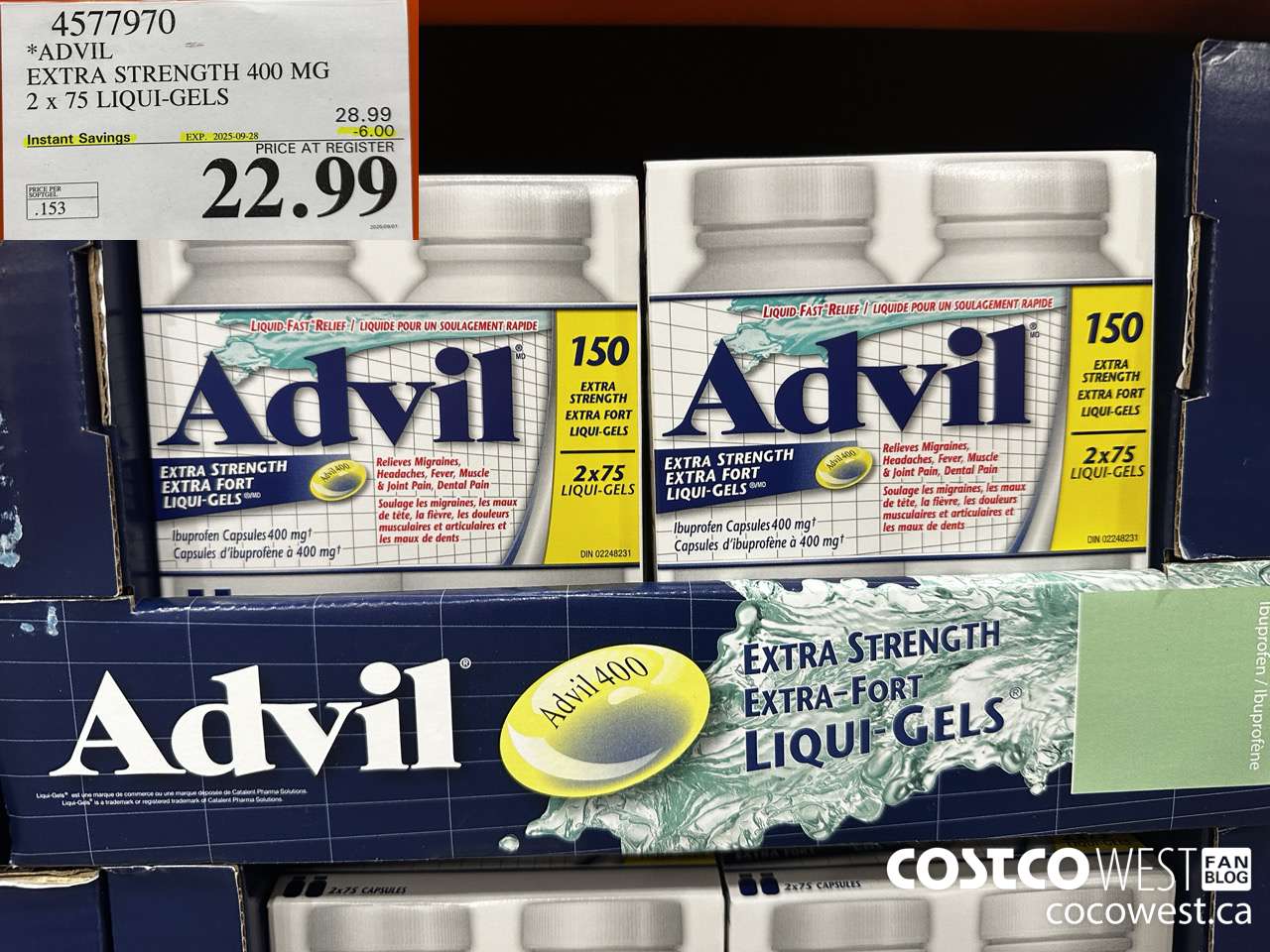 4577970 ADVIL EXTRA STRENGTH 400MG 2 X 75 LIQUI-GELS ($6.00 INSTANT SAVINGS EXPIRES ON 2025-09-28) $22.99