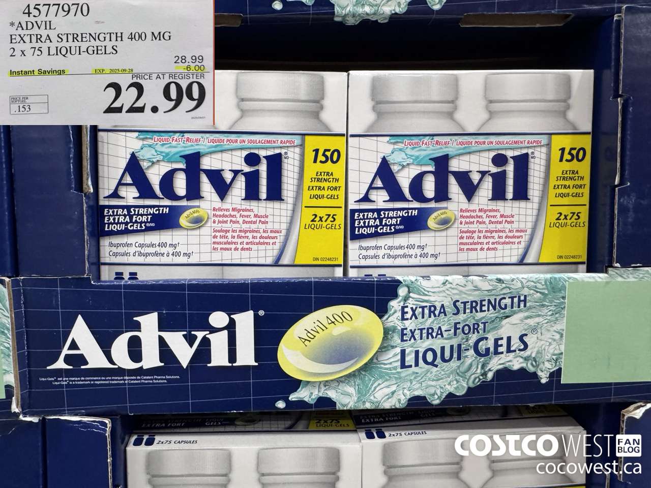 4577970 ADVIL EXTRA STRENGTH 400MG 2 X 75 LIQUI-GELS ($6.00 INSTANT SAVINGS EXPIRES ON 2025-09-28) $22.99