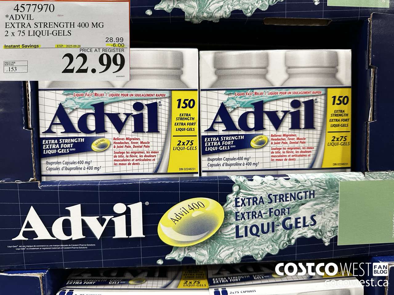 4577970 ADVIL EXTRA STRENGTH 400MG 2 X 75 LIQUI-GELS ($6.00 INSTANT SAVINGS EXPIRES ON 2025-09-28) $22.99