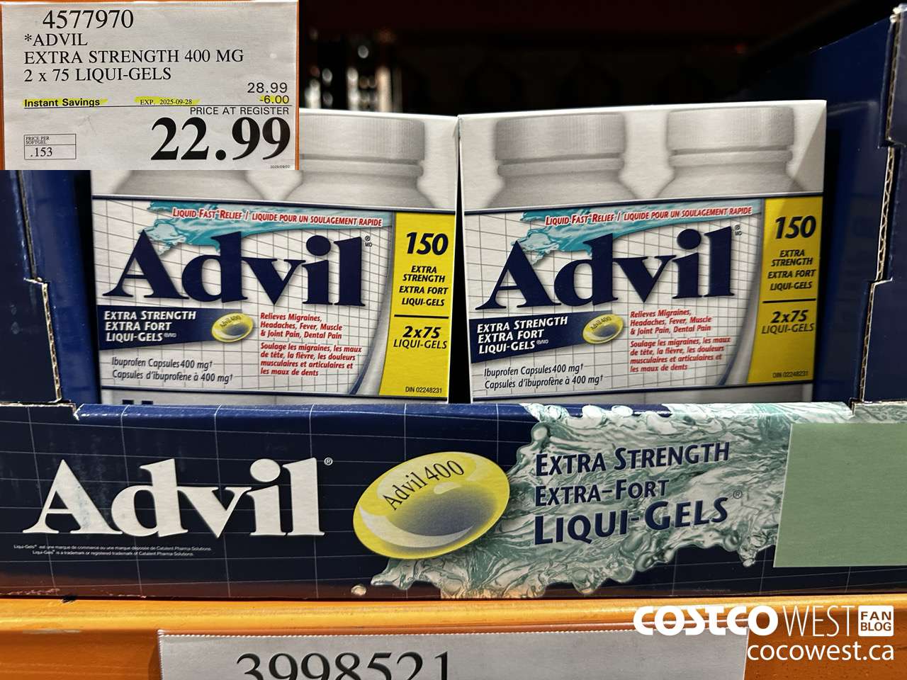 4577970 ADVIL EXTRA STRENGTH 400MG 2 X 75 LIQUI-GELS ($6.00 INSTANT SAVINGS EXPIRES ON 2025-09-28) $22.99