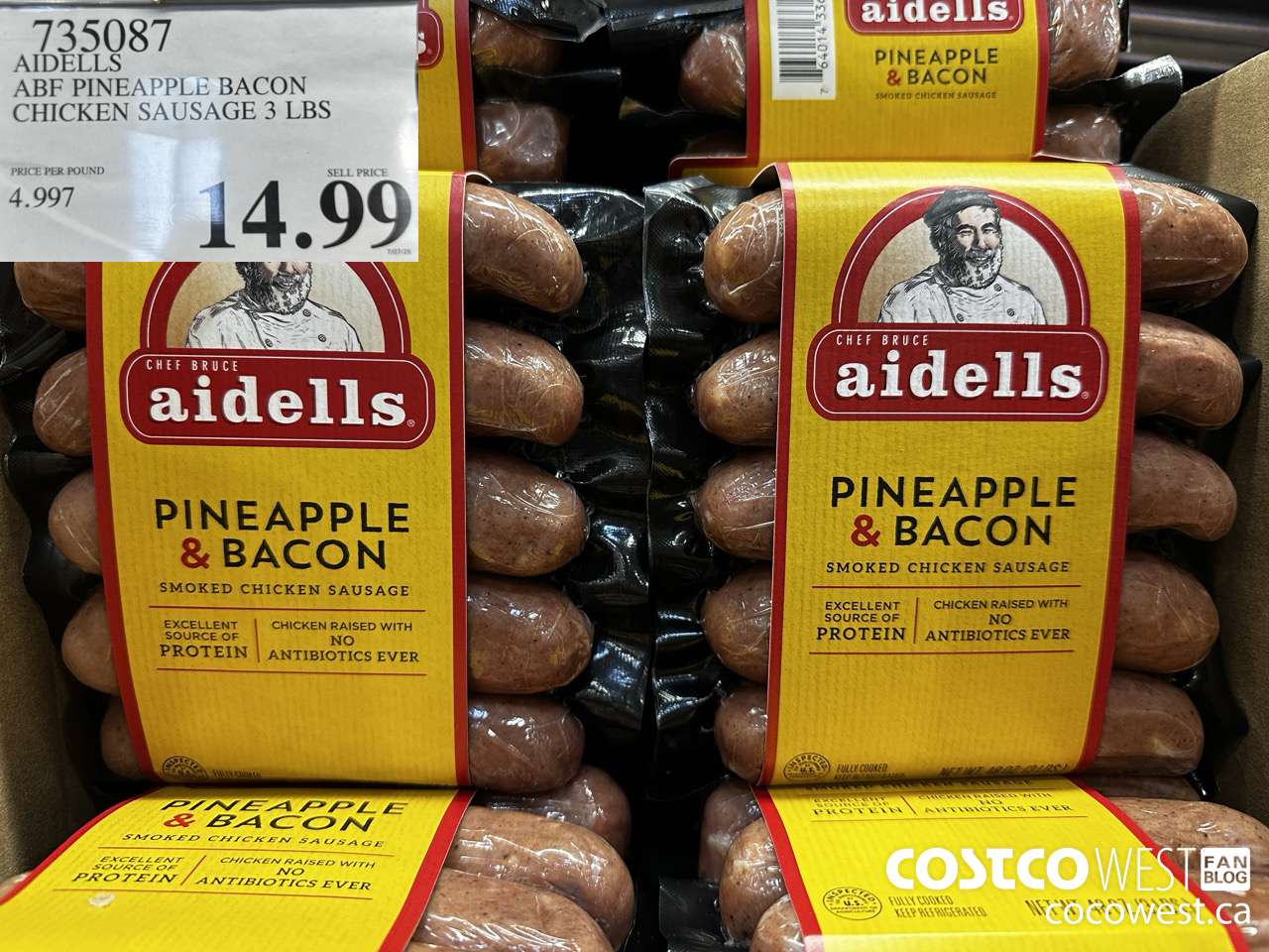 735087 AIDELLS ABF PINEAPPLE BACON CHICKEN SAUSAGE 3 LBS $14.99