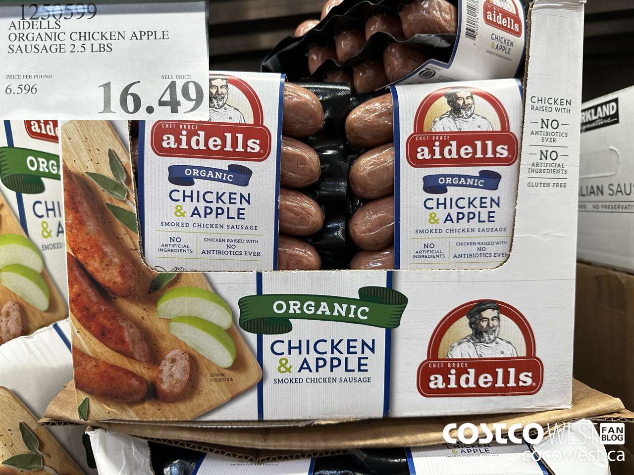 1250599 AIDELLS ORGANIC CHICKEN APPLE SAUSAGE 2.5LBS $16.49